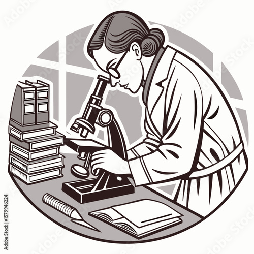 Scientist at Work Detailed Illustration of a Researcher Using a Microscope in a Lab Setting