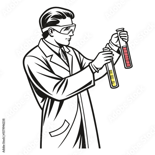 Scientist in Lab Coat Examining Test Tubes - Chemistry, Research, and Science Illustration