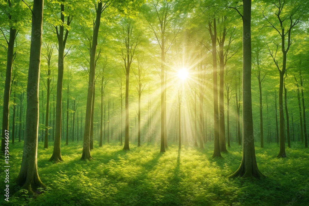 Naklejka premium Sunlight streaming through green forest trees with lush foliage on peaceful morning landscape background. Ai generative.