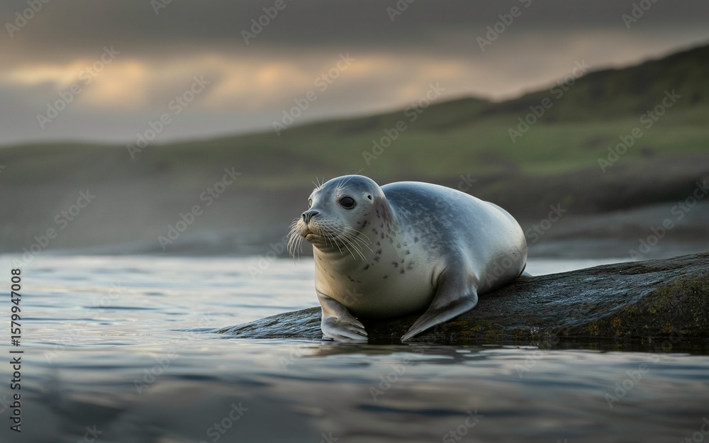 Obraz premium A Curious Seal Perched on a Rock, Observing the Calm Waters and Cloudy Sky