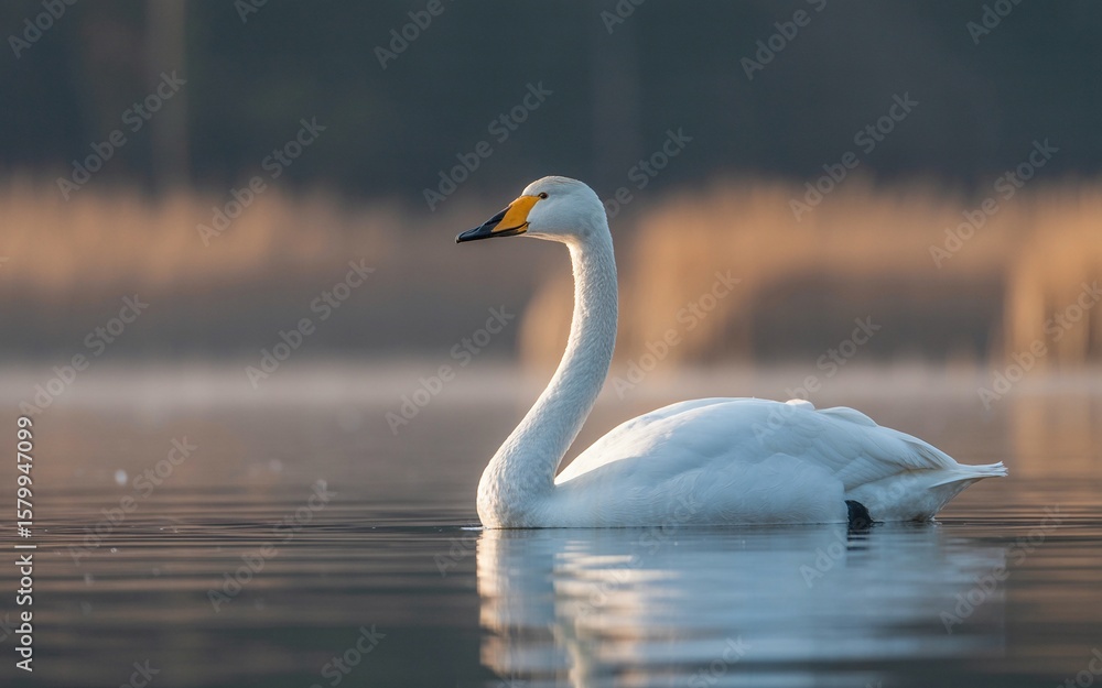 Fototapeta premium Elegant Swan Gliding on Calm Water, Bathed in Soft Golden Light