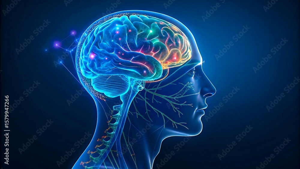 Obraz premium Digital illustration of human brain and nervous system with glowing neural connections on blue background 