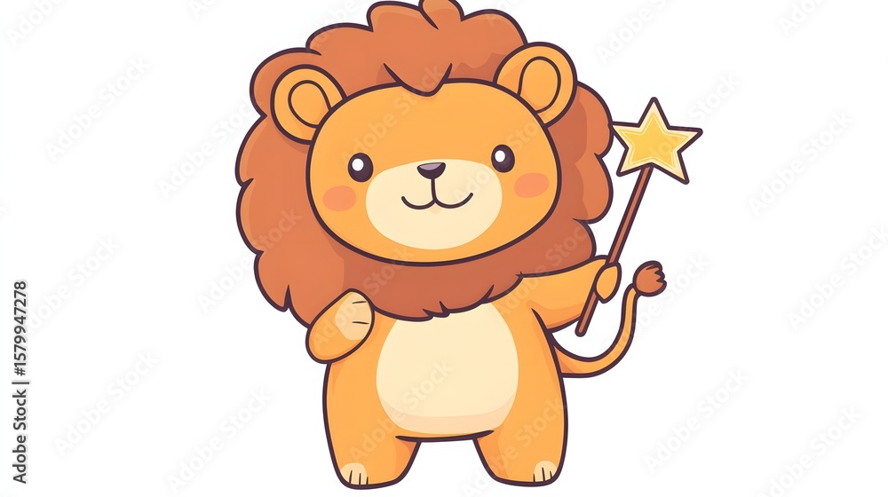 Fototapeta premium Cute cartoon lion holding a magic wand.