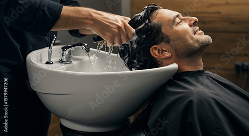 A client seated in a barber chair receiving a hair wash at a sink station, foamy shampoo and water droplets in detail, comfortable and relaxing, 