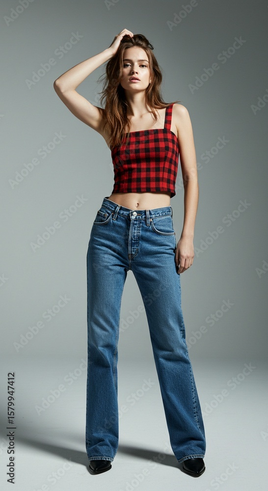 Woman in gingham top and blue jeans Woman in gingham top and blue jeans