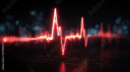 Abstract image of a bright red, glowing heart rate waveform against a dark, blurred background suggesting technology or medical data.
