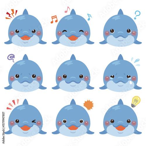 イルカのイラストセット　顔表情のみ