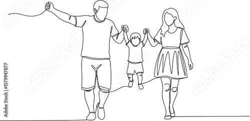 Continuous line drawing of family walking together happy parents holding child vector illustration art design
