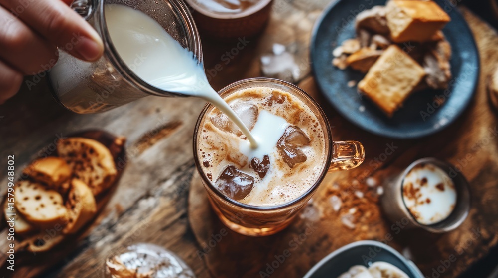 Fototapeta premium Iced coffee being poured with milk