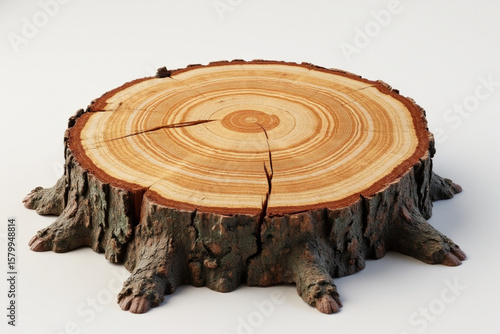 stump of oak tree felled - section of the trunk with annual rings. 3d rendering.