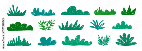 Hand drawn bushes and grass set. Green crayon shrubbery collection. Doodled shrub and tree shapes bundle. Pencil sketched foliage elements. Scribbled cartoon green plants pack. Vector illustration