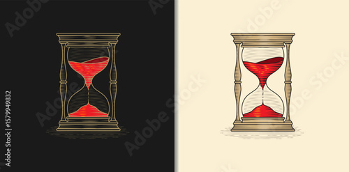 Mystic hourglass ornate gold engraving with red sand on light and dark