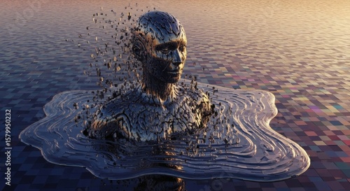 Surreal Sculpture Emerging: A thought-provoking digital artwork featuring a sculpture of a human bust, its form seemingly dissolving into the water, creating a sense of mystery and transformation.