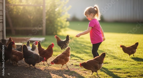 Girl feeding chickens in golden sunlight, rural scene with poultry and child interaction