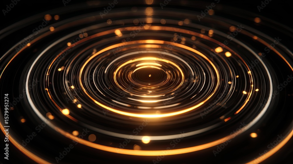 Fototapeta premium Abstract digital art featuring concentric glowing circles and particles, creating a visual effect.