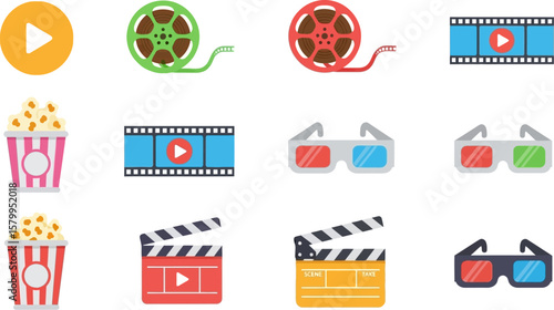 Movie night vector icons set film reel popcorn and d glasses clapperboard play