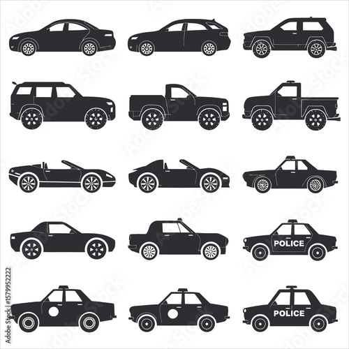 Various vehicle silhouettes including sedans S U Vs trucks and police cars convertible