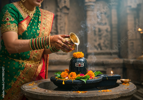 South Asian Woman Performing Shiva Lingam Ritual with Holy Water in Traditional Temple Setting