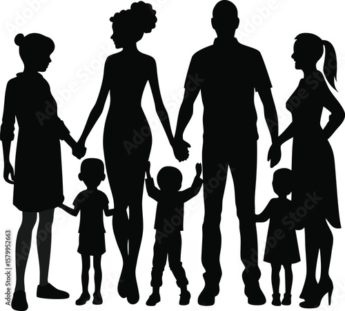A diverse group of black silhouette people, including families, men, women, and children, are walking, standing, and meeting in an artful vector illustration