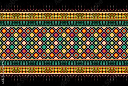 Intricate multi-color ethnic pixel border pattern with geometric diamonds in orange, pink, yellow, and teal. Ideal for tribal-inspired garment trims, decorative textile accents, and cultural designs. 