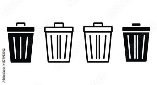 Collection of simple, minimalist black and white recycle bin icons representing waste disposal, recycling, and environmental cleanliness.