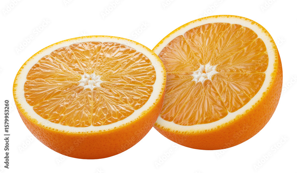 Fototapeta premium Cut Orange Showing Inside Detail and Juicy Pulp, Half and Full Fruit Illustration, Fresh Citrus Fruit on Transparent Background, Realistic Orange Slice, Healthy Tropical Food Art