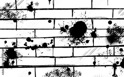 Black ink splatters on a brick wall, dramatic background for urban design projects, grunge textures, or rebellious artistic concepts.