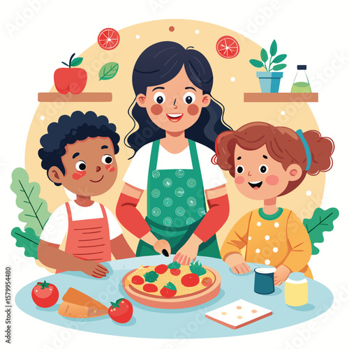 Happy cartoon family celebrates a child's birthday, eating cake together in the kitchen