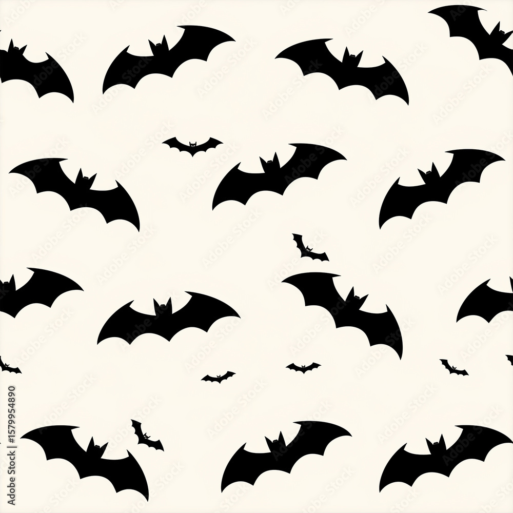 Naklejka premium Seamless Halloween pattern, flying bats, black silhouettes on light background, flat minimal vector 