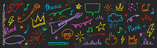 Music sketch heart star vector set. Fun doodle shape with comic crown, skull, fire, heart. Tattoo style graffiti line, chalk crayon marker stroke music sketch color elements. Vector illustration