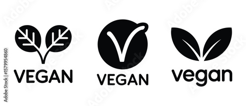 Plant based vegan diet symbols set of 3 label icons. Vector illustration. 