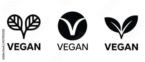 Plant based vegan diet symbols set of 3 label icons. Vector illustration. 