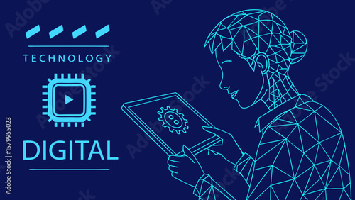 Stylized Wireframe Illustration A woman engages with digital technology using a tablet, conveying progress and modern communication.