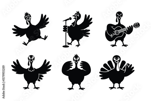Black turkey silhouettes engaged in various activities white background singing