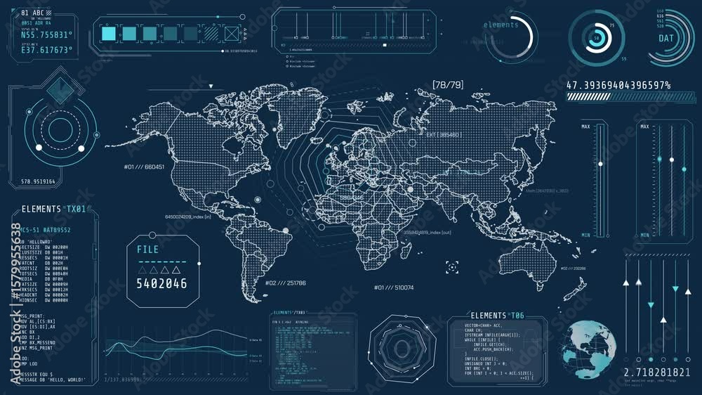 Animation of a high-tech interface with a world map