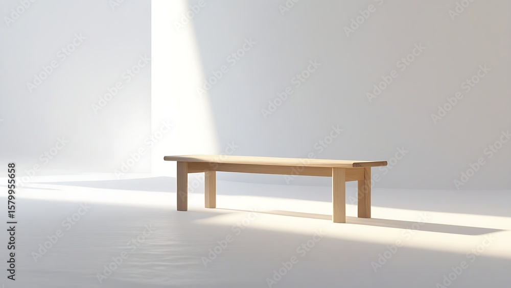Fototapeta premium Wooden bench on white background with sunlight