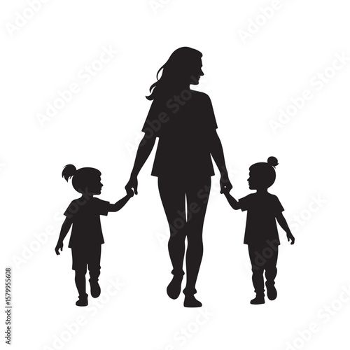 Black Silhouette Vector of Single Parent Walking with Two Children Holding Hands Representing Family Bond on White Background Full Ultra HD