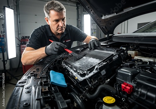 Mechanic cleaning a car radiator with a brush and foam. Wearing blue gloves and face mask for hygiene in an auto repair workshop.