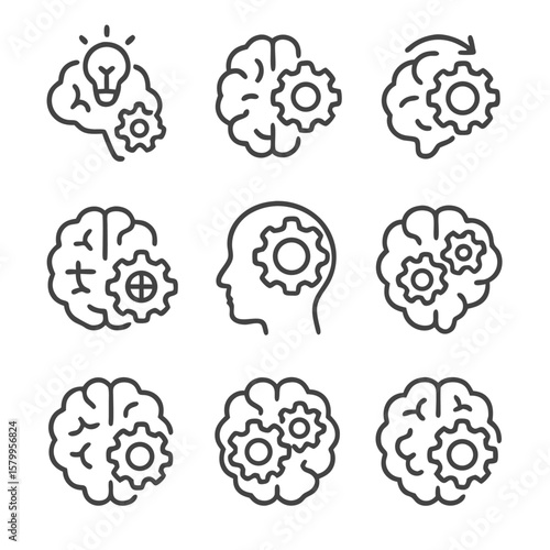 Brain gear collection features 9 interconnected brain and gear line drawings. Ideal for science, technology, and innovation themed design projects.