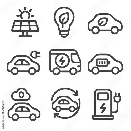 Electric car and eco friendly transportation icons for showcasing sustainable vehicle designs. Suitable for environmental presentations or transportation branding materials.