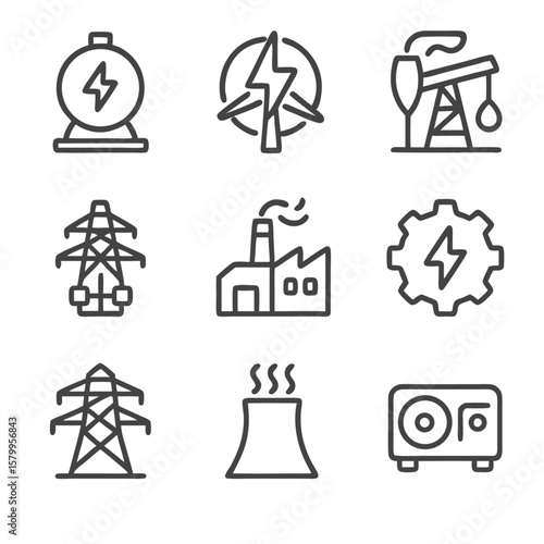 These nine line drawings depict various energy sources and infrastructure, perfect for illustrating power generation concepts and educational materials.
