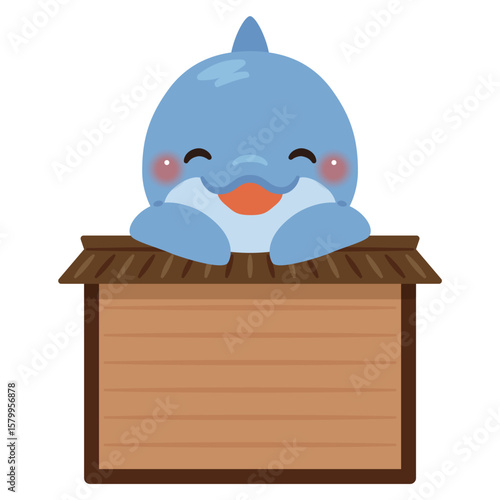 木製看板に乗った笑顔のイルカのキャラクターイラスト