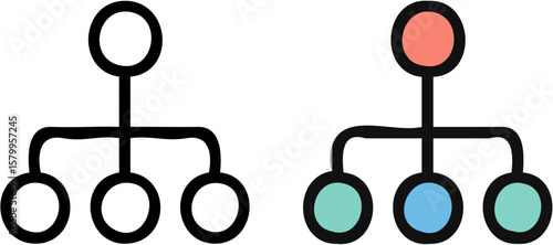 Two hierarchical diagrams illustrate organizational structures, showing a parent node branching into multiple child nodes with varying color schemes.