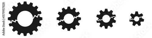 Broken gear cog icon vector, symbolizing malfunction, failure, or a system breakdown. Ideal for themes of troubleshooting, maintenance, or disruption in industrial or technical designs.