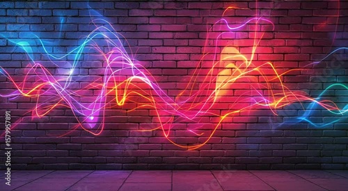 Colorful neon lights flowing against a dark brick wall with urban vibes