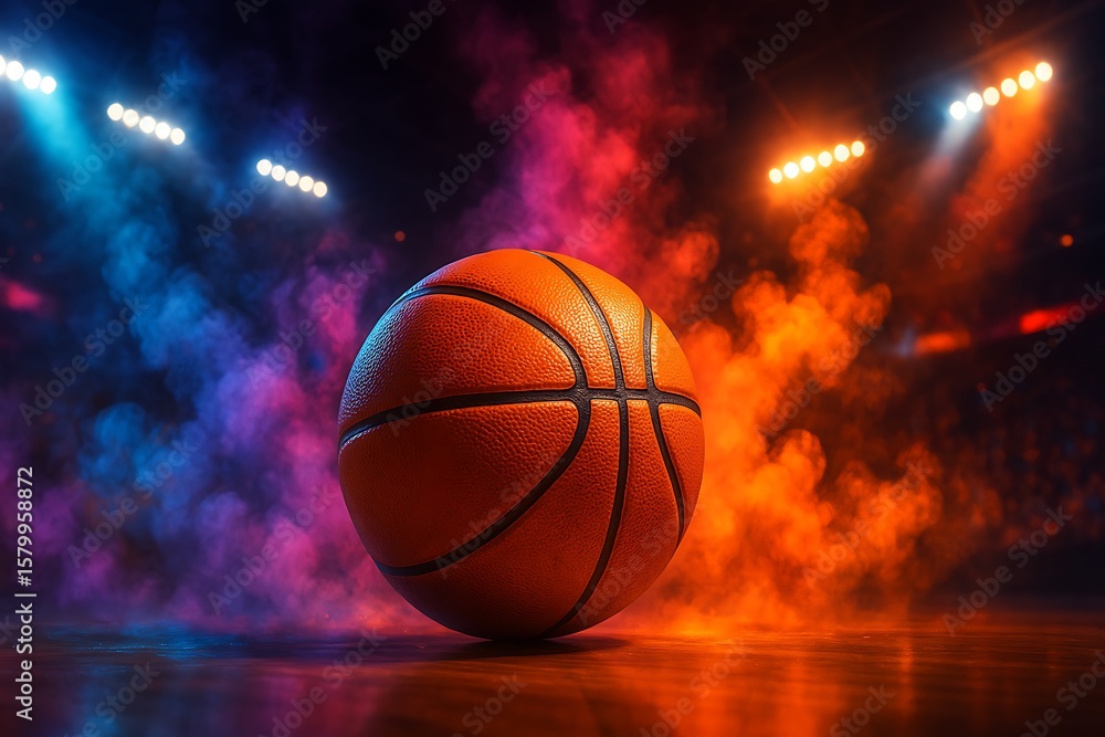 Obraz premium A vibrant basketball sits poised on a polished court amidst swirling colorful smoke effect design.