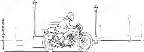Dynamic monochrome illustration of a motorcyclist speeding down a city street
