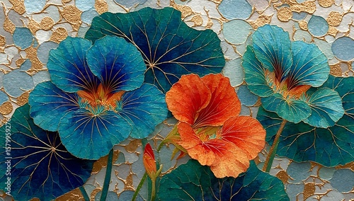 Closeup Vivid Teal and Orange Nasturtiums Gold Leaf Background Detailed Botanical Painting image