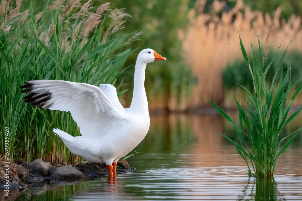 Obraz premium White goose flapping wings in the water of a pond