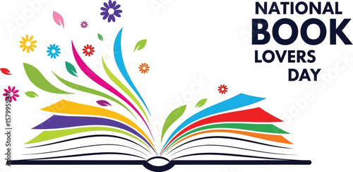 Vector art of a vibrant illustration celebrating national book lovers day with an open book and colorful flowers, isolated on white background